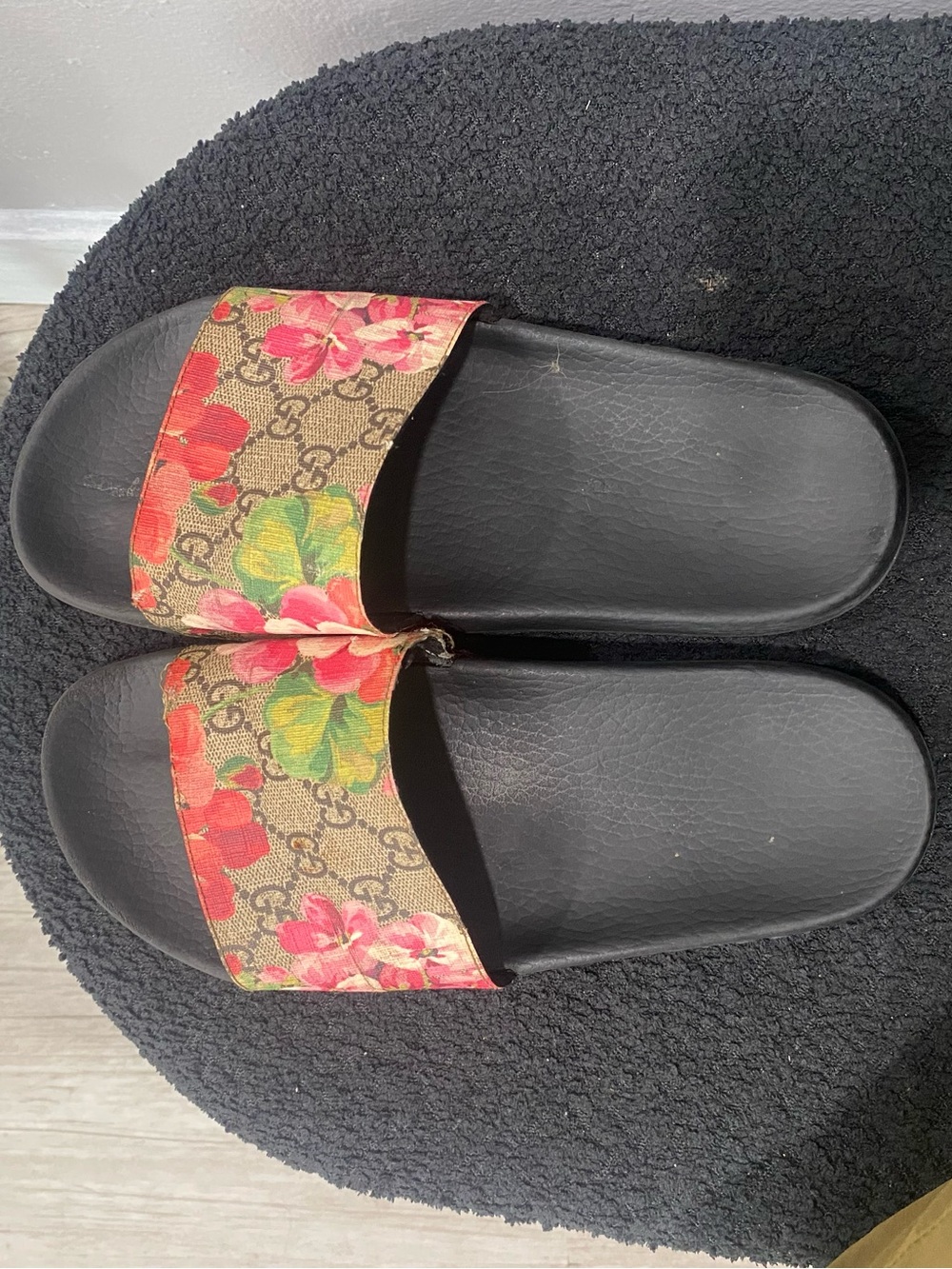 Gucci Floral GG Canvas Slide Sandals - Black with Pink & Green